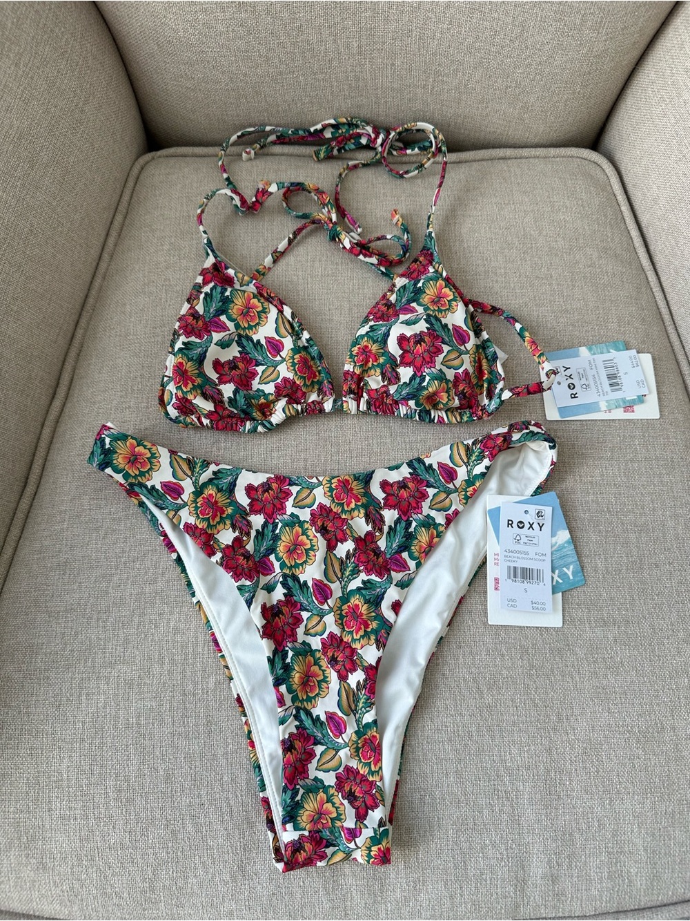 roxy floral triangle bikini set - top and bottom